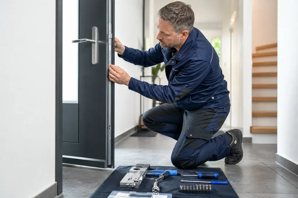 Schlüsseldienst-Fachmann montiert Schloss an Wohnungstür – Hardenstein Schlüsseldienst Witten